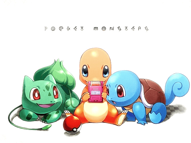 bulbasaur, charmander, squirtle playing on a game boy